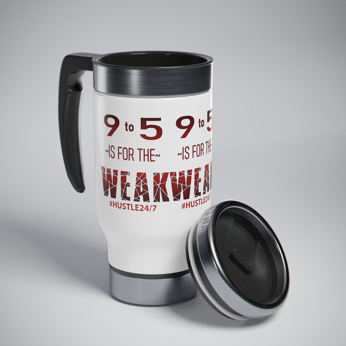 9 to 5-White Stainless Steel Travel Mug with Handle, 14oz